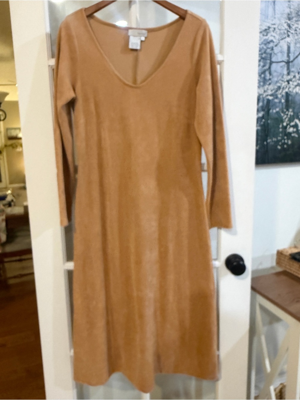 Tan Camel Long Sleeve Midi Dress V-Neck Soft Boho Soft Luxe Western Aztec Med